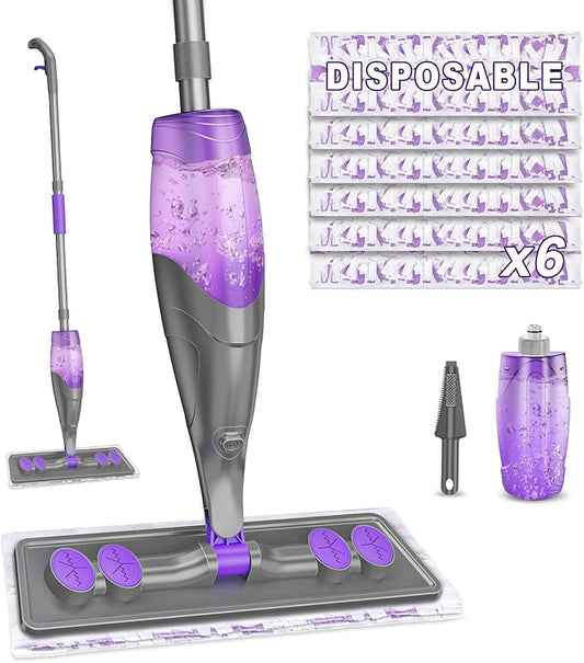 Microfiber Hardwood Floor Mop - Wet Dry Mops with Washable Pads for Tile Wood Laminate Vinyl Marble Home Kitchen - 500+ ML Refillable Bottle (Grey)
