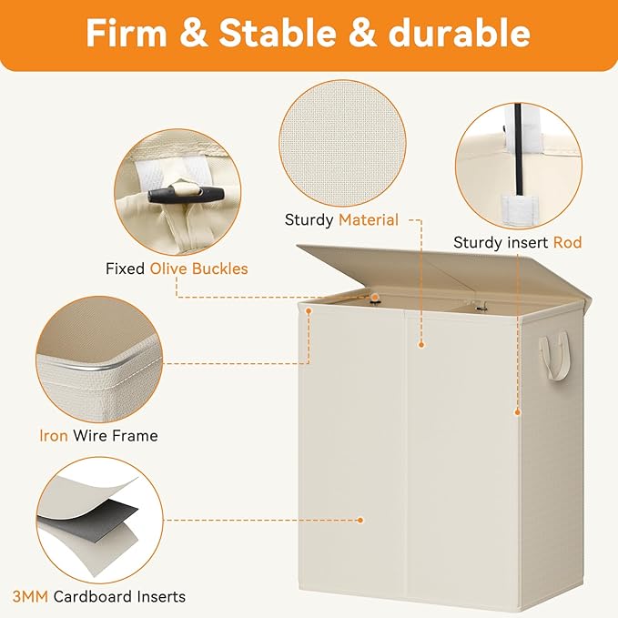 Chrislley 160L Laundry Hamper 2 Section, Double Laundry Basket with Lid, Large Dirty Clothes Hamper with Removable Liner Bags, Collapsible Laundry Organizer for Bedroom, Dorm,Beige