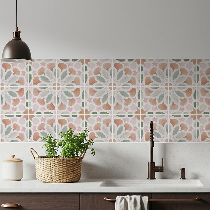 16 Pack,Self Adhesive Moroccan Tile Stickers Vinyl Wall Decals Green Peel and Stick Waterproof 5.9x5.9inch for Home Kitchen Living Room Bedroom Decor