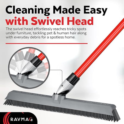 2-in-1 Silicone Rubber Broom Carpet Rake and Squeegee - Swivel Pet Hair Removal Broom with 1 Piece Long Handle - Slanted Side Bristles for Corners - Multipurpose Broom for Carpet, Hardwood Floor, Tile