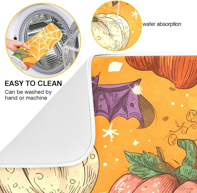 Halloween Colorful Pumpkin Pattern Dish Drying Mat for Kitchen Counter Super Absorbent Drying Mat 16x18 inch Large Dish Drying Matts for Countertop Protector Dishes Pad