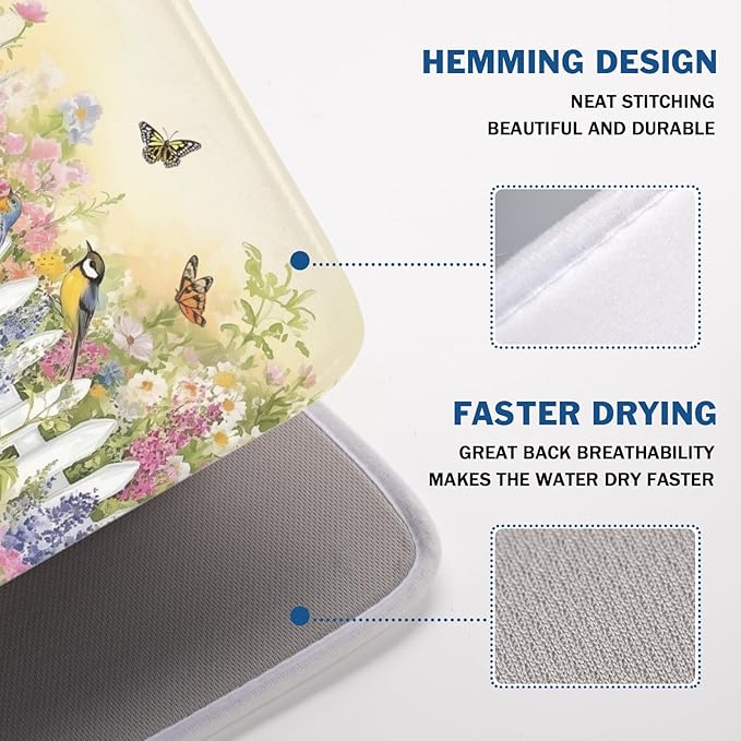 Spring Summer Floral Birds Dish Drying Mat for Kitchen Counter Colorful Garden Pattern Drying Mat 18x24 Inch Rustic Farmhouse Absorbent Dish Drainer Mat Kitchen Accessories