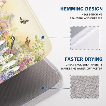 Spring Summer Floral Birds Dish Drying Mat for Kitchen Counter Colorful Garden Pattern Drying Mat 18x24 Inch Rustic Farmhouse Absorbent Dish Drainer Mat Kitchen Accessories