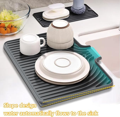 Silicone Drying Mat for Kitchen Counter , Dish Drying Rack Matt with Built in Drain, 18 Inch Dry Mats for Dishes Drying Pad for Kitchen Counter (18×12inch, gray)