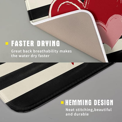 Valentines Day Dish Drying Mat for Kitchen Counter 16x18 Inch Red Pink Love Heart Black Striped Print Absorbent Reversible Microfiber Drying Mats Kitchen Countertop Protector Dishes Drainer Rack Pad