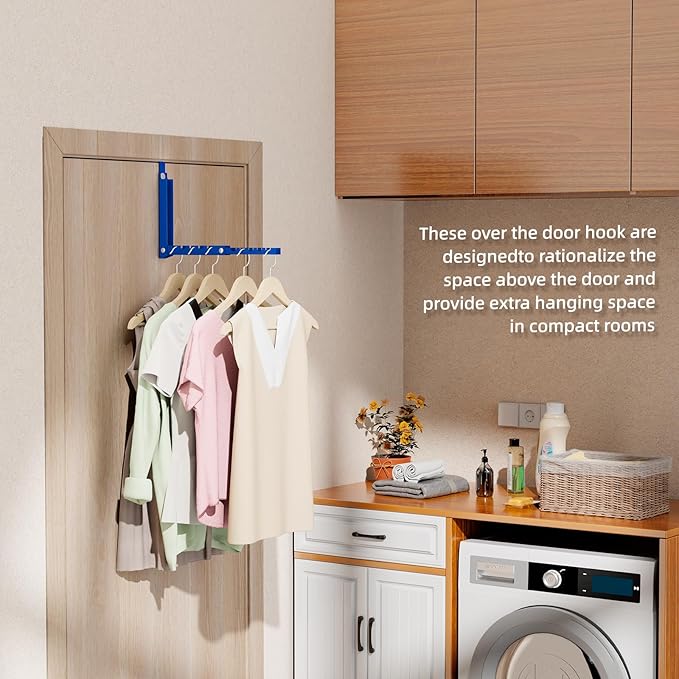 BAKON Over The Door Hangers, Over Door Hooks for Hanging, Small Space Dual Folding Portable Over Door Clothes Hanger for Clothes, Hats, Bags and Towels. (1, Blue)