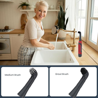LifeBasis Cordless Electric Cleaning Brush, Mini Power Scrubber for Cleaning Waterproof Grout with 2 Brush Heads for Bathroom Kitchen Tile Crevice Corner - Red (Batteries Included)