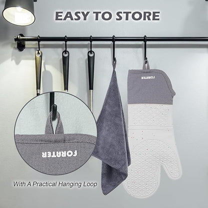 Extra Long Oven Mitts and Potholders 6Pcs Set, 500°F Heat Resistant Kitchen Oven Gloves 15'' Oven Mitts with Non-Slip Silicone Surface Soft Cotton Lining for Cooking, Baking and Grilling - Light Grey