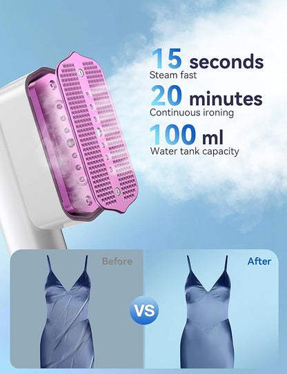 Steamer for Clothes, Sundu Portable 2-in-1 Steamer & Iron, 15s Fast Heat-up, 100ml Water Tank, Ironing Gloves, 20 Min Continuous Steam, Wrinkle Remover for Garment, Travel & Home Use (Purple White)