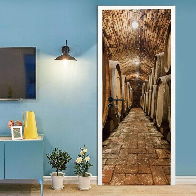 3D Door Stickers Murals Peel and Stick - Wine Cellar Wallpaper Self-Adhesive Decals Removable PVC Waterproof Poster for Bedroom Living Room Decoration 33.9" x 78.7"