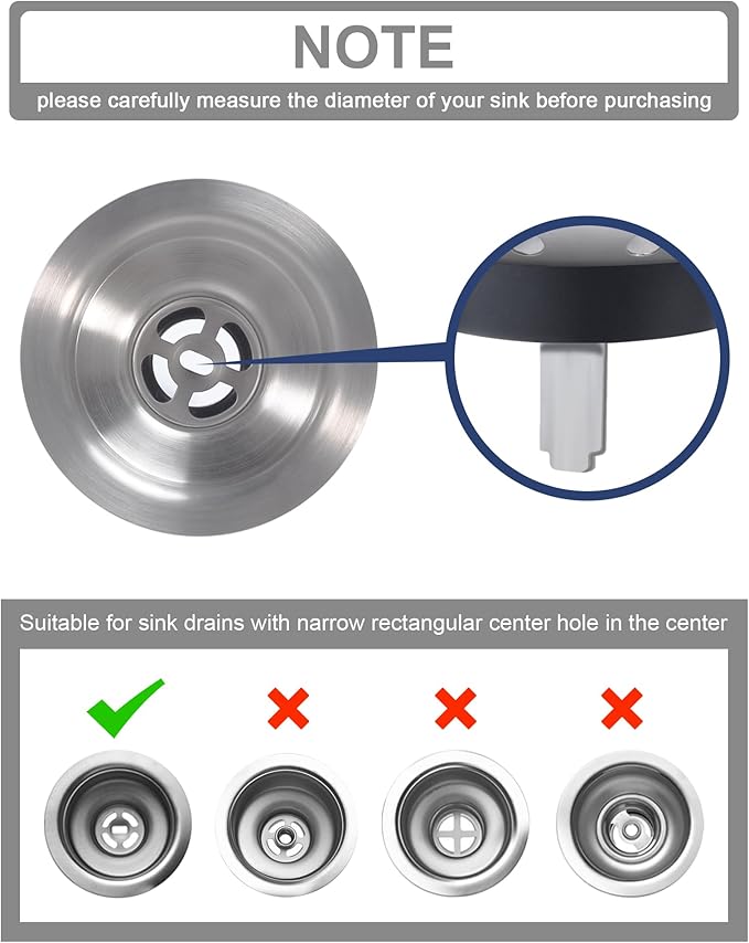 KONE 2PCS Kitchen Sink Basket Strainer Replacement for 3-1/2 Inch Standard Drains Brushed Stainless Steel Body Metal Center Knob with Rubber Stopper