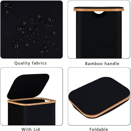 100L Laundry Hamper with Lid, Lagre Basket with Bamboo Handles,Foldable Clothes Hamper Tall Dirty Laundry Basket for Clothes Toys Towels Organizing,Black