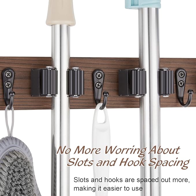 OUTNILI Mop and Broom Holder Wall Mount - Rustic Wood Broom Mop Hanger - Wall Mounted Garden Tool Rack Organizer for Closet Garage Laundry Room Kitchen Decor With 4 Slots & 4 Hooks
