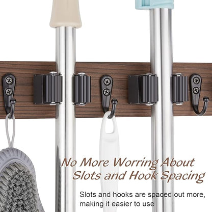 OUTNILI Mop and Broom Holder Wall Mount - Rustic Wood Broom Mop Hanger - Wall Mounted Garden Tool Rack Organizer for Closet Garage Laundry Room Kitchen Decor With 4 Slots & 4 Hooks