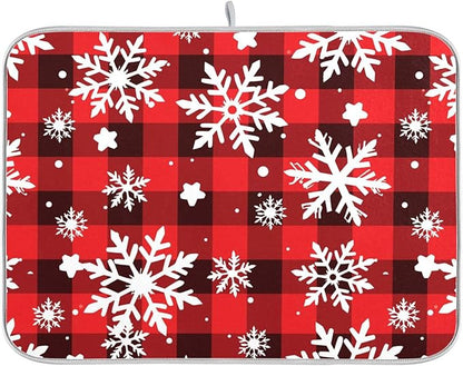 Snowflakes Christmas Checkered Plaid Dish Drying Mat for Kitchen Counter Absorbent Microfiber Drying Pad, Large 18x24 in