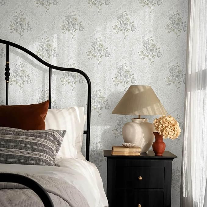 Ismoon Vintage Peel and Stick Wallpaper Floral Contact Paper Boho White and Grey Watercolor Damask Wallpaper Textured Removable Self Adhesive Vinyl Wall Paper for Bedroom, 17.3 in X 32.75ft