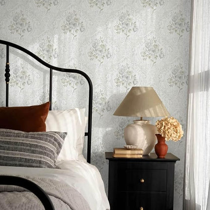 Ismoon Vintage Peel and Stick Wallpaper Floral Contact Paper Boho White and Grey Watercolor Damask Wallpaper Textured Removable Self Adhesive Vinyl Wall Paper for Bedroom, 17.3 in X 16.4ft