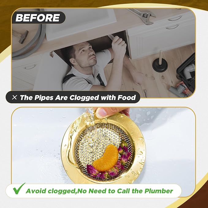 Mudder 3 Pcs Kitchen Sink Drain Strainer and Stopper Stainless Steel Garbage Disposal Plug with Handle Universal Anti-Clogging Kitchen Sink Filter Sieve Basket Strainer(Antique Gold)