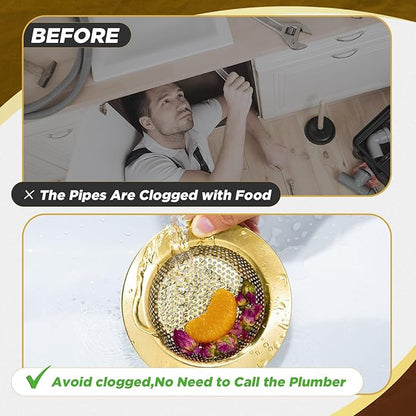 Mudder 3 Pcs Kitchen Sink Drain Strainer and Stopper Stainless Steel Garbage Disposal Plug with Handle Universal Anti-Clogging Kitchen Sink Filter Sieve Basket Strainer(Antique Gold)