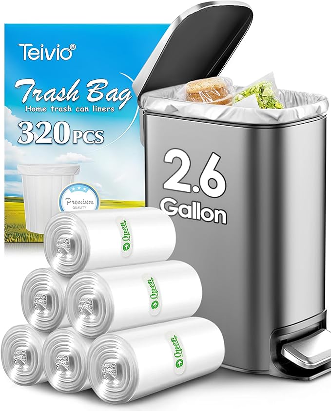 Teivio 2.6 Gallon 320 Counts Strong Trash Bags Garbage Bags, Bathroom Trash Can Bin Liners, Small Plastic Bags for Home Office Kitchen Kitchen (Clear)