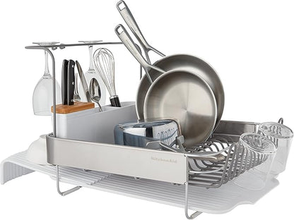 KitchenAid Full Size Compact to Full Capactiy Expandable Rust Resistant Dish Rack, with Self Draining Angled Drainboard and Removable Flatware Caddy, 24-Inch, White