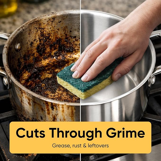 Scrubee Heavy Duty Scrub Sponge with Scouring Pad, Kitchen Dishwashing, Sink, Pot and Frying Pan Cellulose Scrubber Sponge Non Scratch 6"