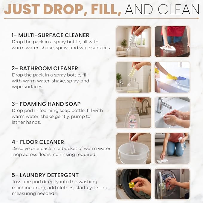 Starter Cleaning Kit I Multi Surface Cleaner I Bathroom Cleaner I Liquid Laundry Detergent I Hand Foaming Soap I Floor Cleaner I Three Free Bottles