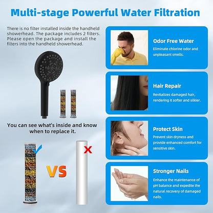 Hibbent All Metal 10'' Dual Filtered Rainfall Shower Head Combo, High Pressure Handheld Shower Head with 16'' Adjustable Extension Arm, 20 Stage Shower Filter, 10-spray, 71'' Shower Hose, Matte Black