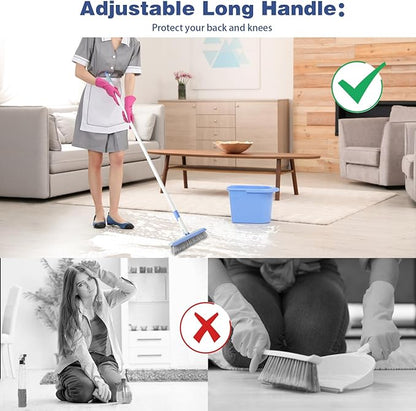Floor Scrub Brush and V-Shape Grout Brush with Long Handle 3 in 1 Replaceable Head Scrape Brush Stiff Bristle with Swivel Head for Cleaning Tiles Hardwood Floors Patios Blue