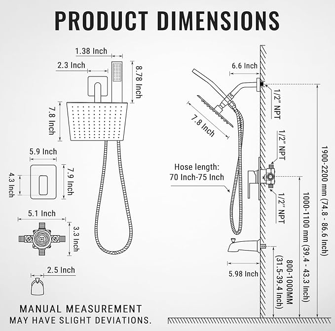 All Metal Shower Faucet Set, Dual Square Shower Head System with Handheld Wand, Diverter, Hose Complete Combo, Pressure Balance Rough-in Valve and Tub Spout Included (Brushed Nickel)