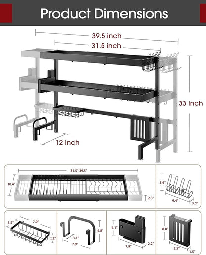 Sakugi Over The Sink Dish Drying Rack, Expandable 3-Tier Stainless Steel Kitchen Storage Organization Accessories for Countertop, Rustproof & Space-Saving, 31.5"–39.5" L x 12" W x 33" H, Black