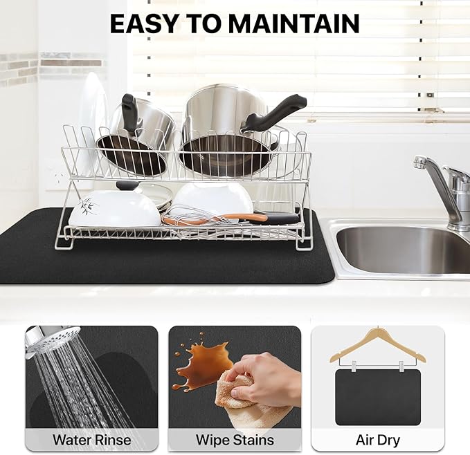 Dish Drying Mat Super Absorbent Dish Drying Mat Coffee Bar Accessories,Drying Mats for Kitchen Counter, Fit Under Coffee Maker, Pot, Dish Rack,12"x19", Black