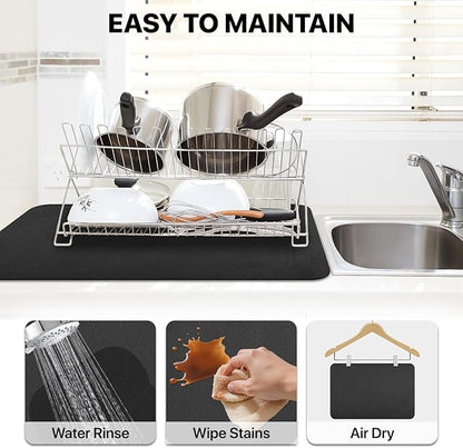 Dish Drying Mat Super Absorbent Dish Drying Mat Coffee Bar Accessories,Drying Mats for Kitchen Counter, Fit Under Coffee Maker, Pot, Dish Rack,16"x24", Black