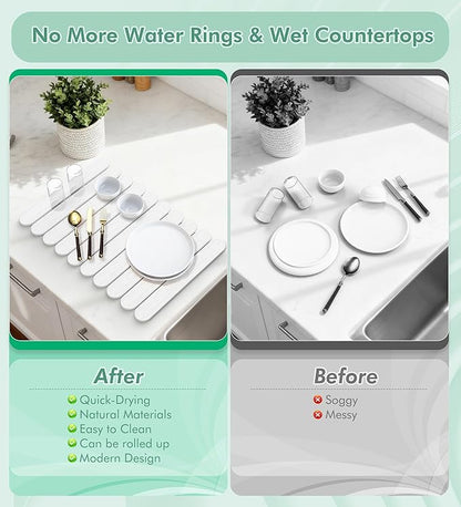 Large Stone Dish Drying Mat for Kitchen Counter, Quick Dry Diatomaceous Earth Stone Mat, Roll-Up Dish Mat for Dishes Bottles Cups, Super Absorbent & Non-Slip, 24"×16",White