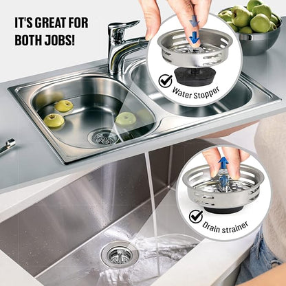 HIGHCRAFT 9843-2 Stainless Steel Kitchen Sink Strainer Basket Replacement for Standard Drains (3-1/2 Inch) -Universal Style Rubber Stopper (Pack of 2)