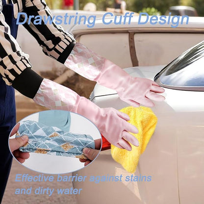3PCS Dishwashing Cleaning Gloves with Cotton Flocked Liner, Reusable Latex Free Waterproof Long Cuff Kitchen Glove for Laundry, Cleaning, Working, Gardening(Pink+Green+Blue)