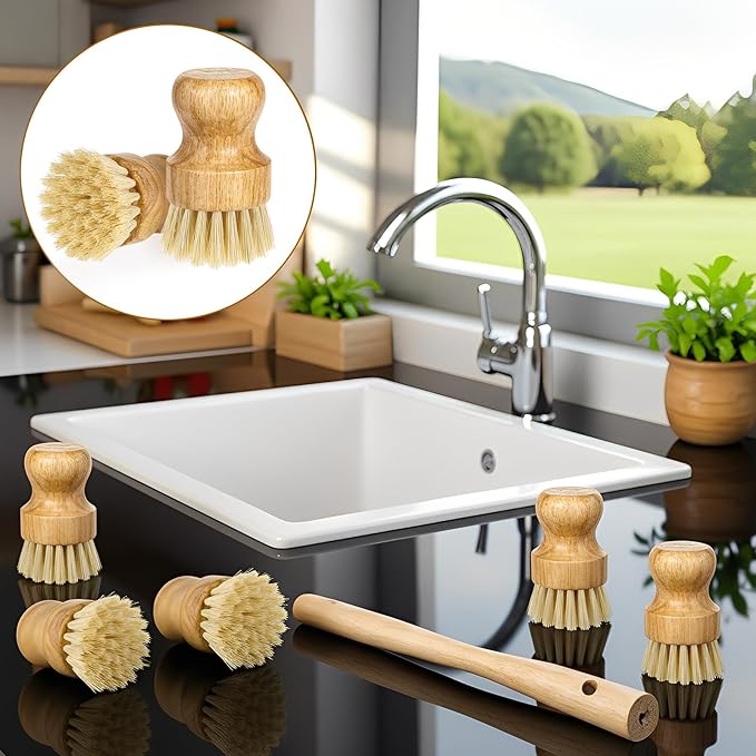 12 Packs Bamboo Dish Scrub Brush Wooden Washing Scrubbers with Sisal Bristles Kitchen Palm Pot Brush Round Mini Dish Brushes for Household Iron Pot Pan Sink Sink Vegetables Cleaning