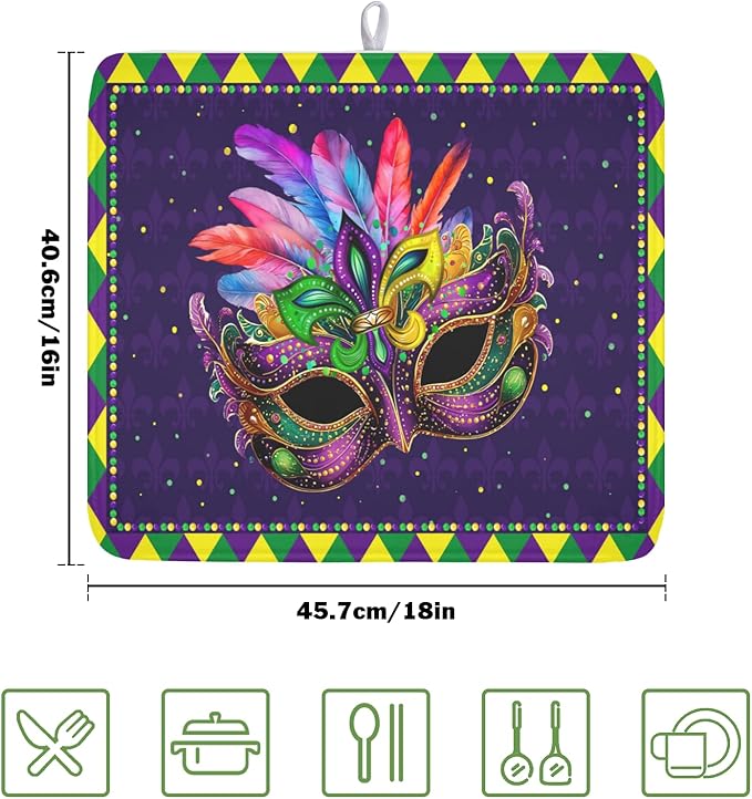 Mardi Gras Dish Drying Mat for Kitchen Counter Masquerade Mask Feather Dishes Drying Mat Microfiber Absorbent Reusable Washable Dishes Drainer Rack Mats 16x18 Inch