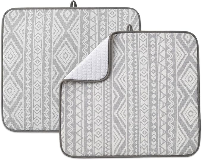 FRESHMINT Printed Dish Drying Mats for Kitchen Counter 2 Pack Absorbent Reversible Drying Mats Microfiber Kitchen Countertop Protector Dishes Drying Pad Extra Large 18"x16" Dish Mat