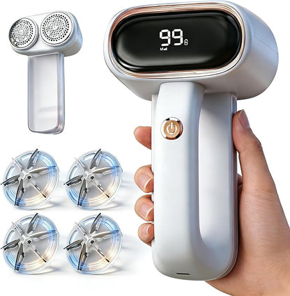 Fabric Shaver Lint Removers Rechargeable Sweater Shaver with Dual Head & LCD Display for Clothes Couch Pilling Furniture, 6-Leaf Blades Defuzzer, White, 1 Piece.