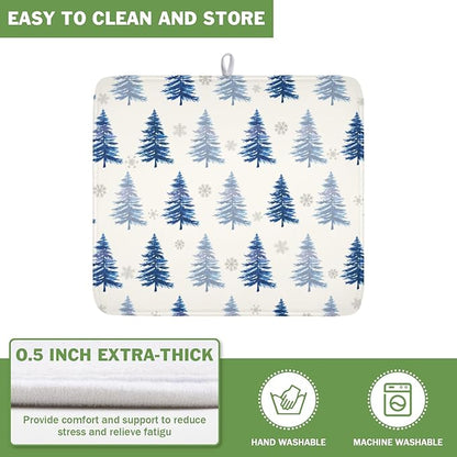 Winter Dish Drying Mat 16 x 18 Inch Blue Tree Dish Drying Pad Absorbent Microfiber Mats for Snowflake Dish Rack Pad for Holiday Kitchen Counter Coffee Bar Decor