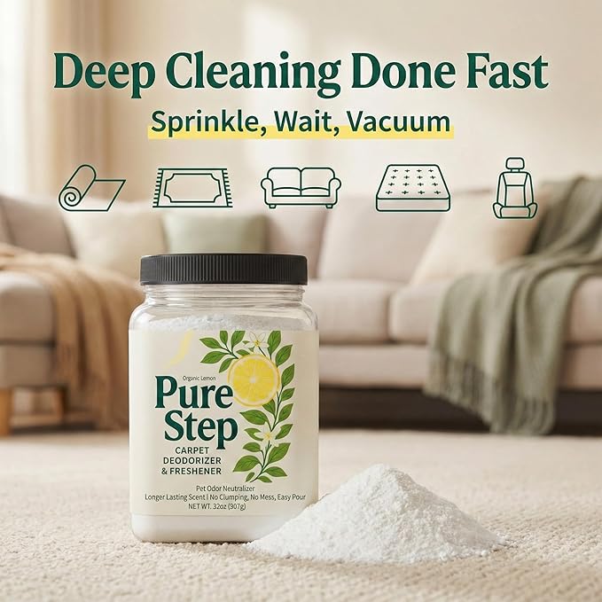 Carpet Deodorizer Powder with Organic Lemon Scent - Pet Safe 32oz Carpet Freshener, & Pet Odor Eliminator For Rugs, Upholstery, Mattresses - Non-Clumping Formula with Easy Pour Shaker Lid - USA Made