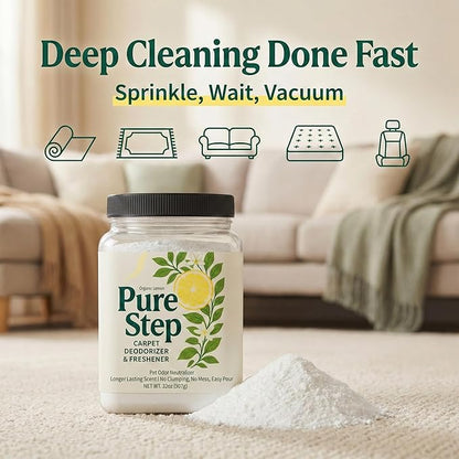 Carpet Deodorizer Powder with Organic Lemon Scent - Pet Safe 32oz Carpet Freshener, & Pet Odor Eliminator For Rugs, Upholstery, Mattresses - Non-Clumping Formula with Easy Pour Shaker Lid - USA Made