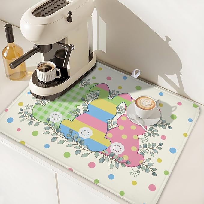 Easter Bunny Dish Drying Mat for Kitchen Counter Cute Rabbit Colorful Polka Dots Pattern Drying Mat 18x24 Inch Spring Holiday Absorbent Dish Drainer Mat Kitchen Accessories