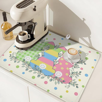 Easter Bunny Dish Drying Mat for Kitchen Counter Cute Rabbit Colorful Polka Dots Pattern Drying Mat 18x24 Inch Spring Holiday Absorbent Dish Drainer Mat Kitchen Accessories