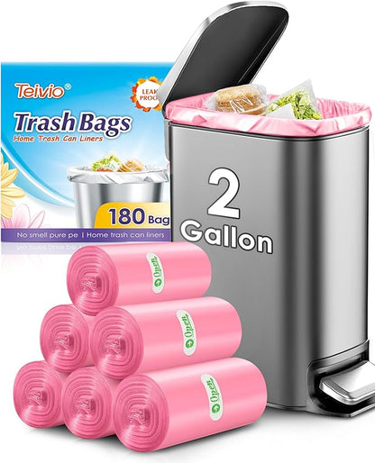 Teivio 2 Gallon 180 Counts Strong Trash Bags Garbage Bags, Bathroom Trash Can Bin Liners, Plastic Bags for home office kitchen, Pink