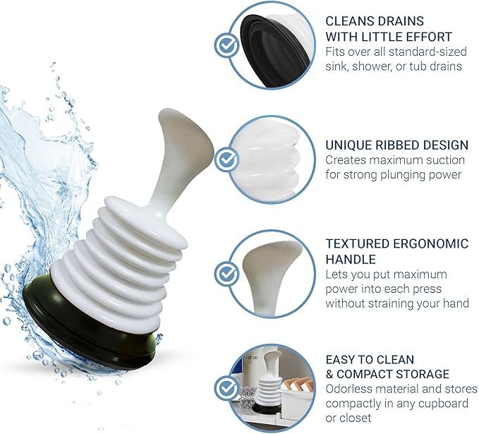 Meadow Lane Small 7" Sink Plunger - Mini Clog Remover for Kitchen & Bathroom Sink Drains - Hand Ergonomic, Space-Saving & Powerful Suction - Universal Fit for Home or Commercial Use, White