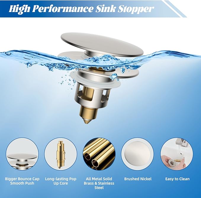 Hibbent 2 Pack All Metal Upgraded Bathroom Sink Stopper, Universal Pop Up Sink Drain Strainer, Brass Bullet Core Push Type Stopper for 1.1''~2.3''' Basin, Anti Clogging Drain Filter, Brushed Nickel
