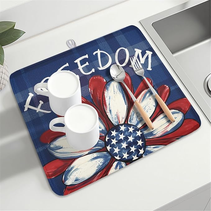 4th of July Dish Drying Mat 18x16 Inch, Patriotic Drying Mat with Absorbent Reversible Microfiber, Independence Day Dish Drainer Mats Memorial Day Rack Pad for Coffee Countertop Kitchen Protector