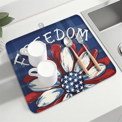 4th of July Dish Drying Mat 18x16 Inch, Patriotic Drying Mat with Absorbent Reversible Microfiber, Independence Day Dish Drainer Mats Memorial Day Rack Pad for Coffee Countertop Kitchen Protector